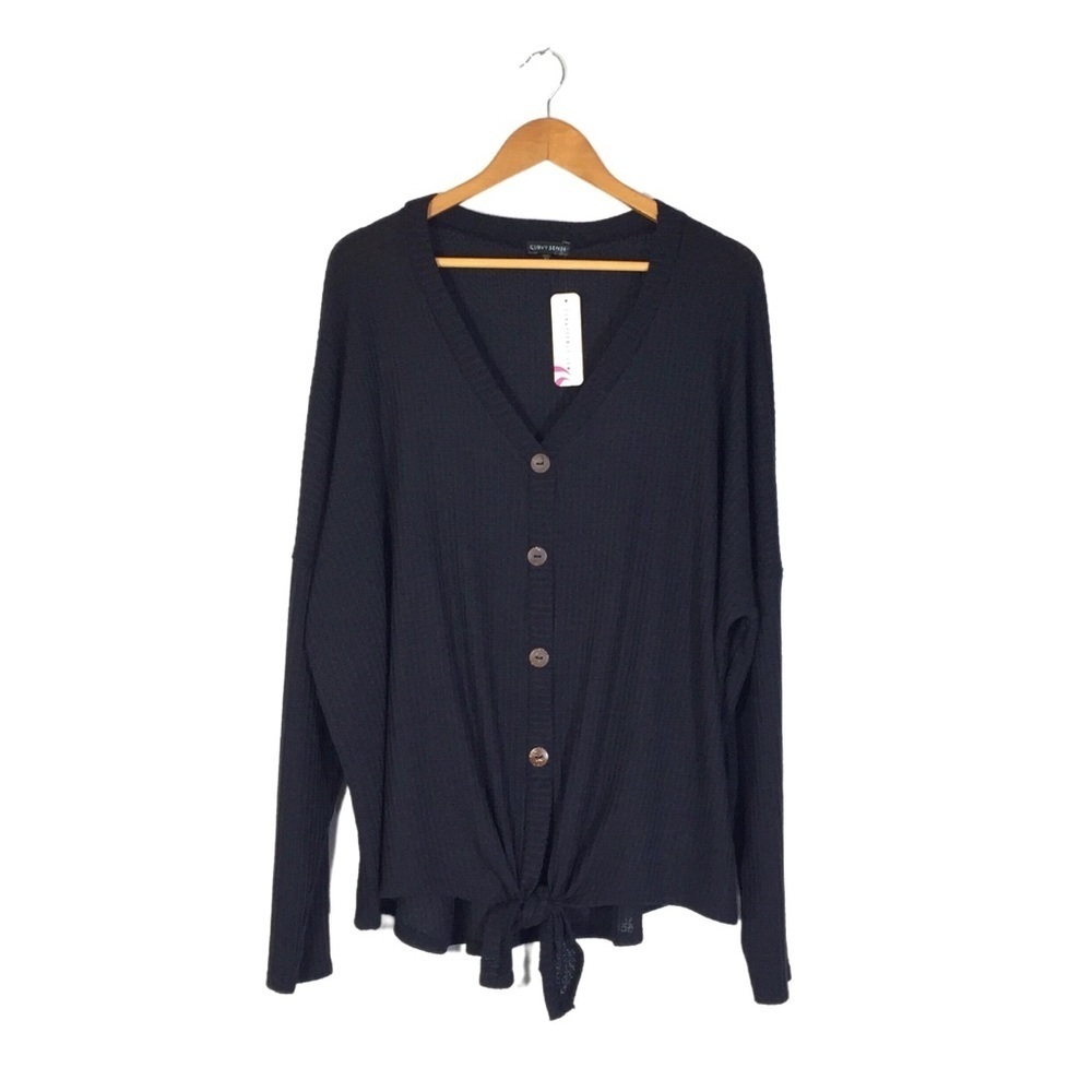 Curvy Sense Black Waffle Knit Long Sleeve Front Tie Top 4X